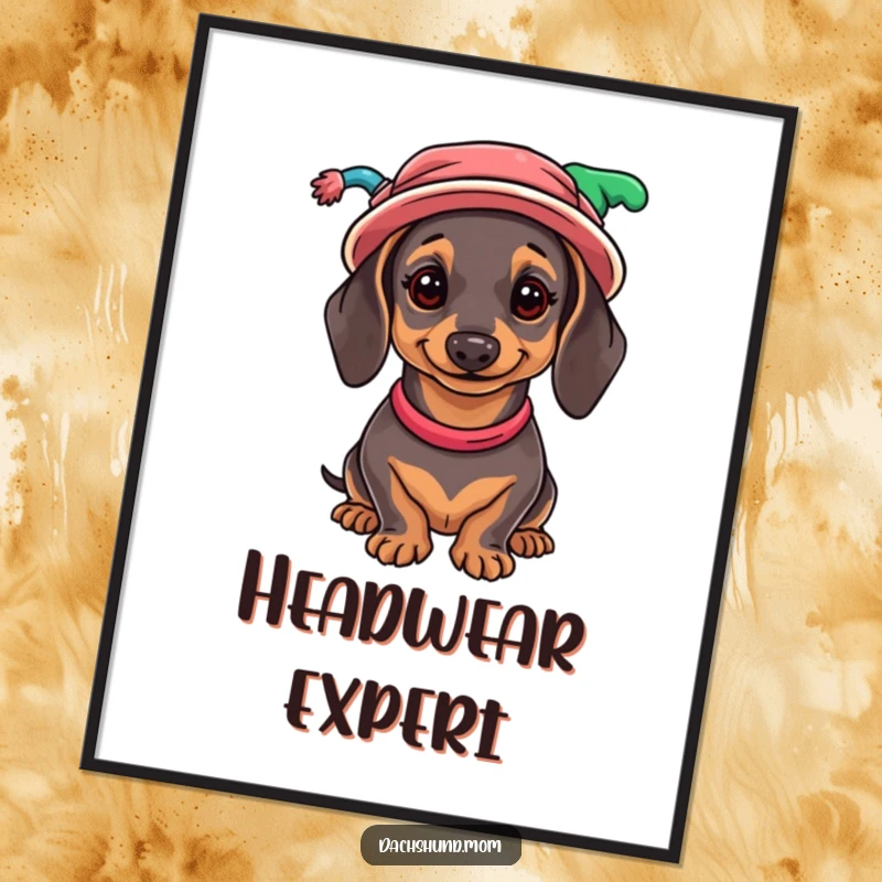Funny Dachshund Poster: A whimsical artwork of a wiener dog sporting a comical, stacked collection of diverse and colorful hats.