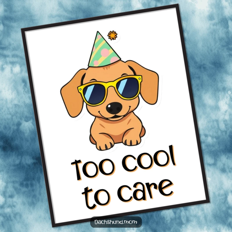 Funny poster of a dachshund wearing tiny sunglasses and a party hat, radiating cool party vibes and festive cheer.