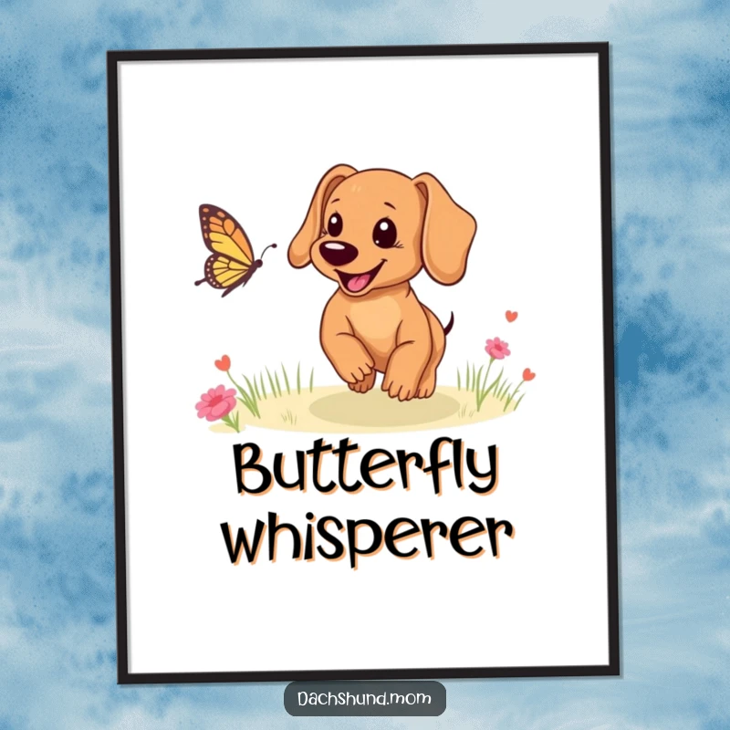 Funny Dachshund puppy poster art, a happy dog leaping playfully after a butterfly in a sunlit garden.