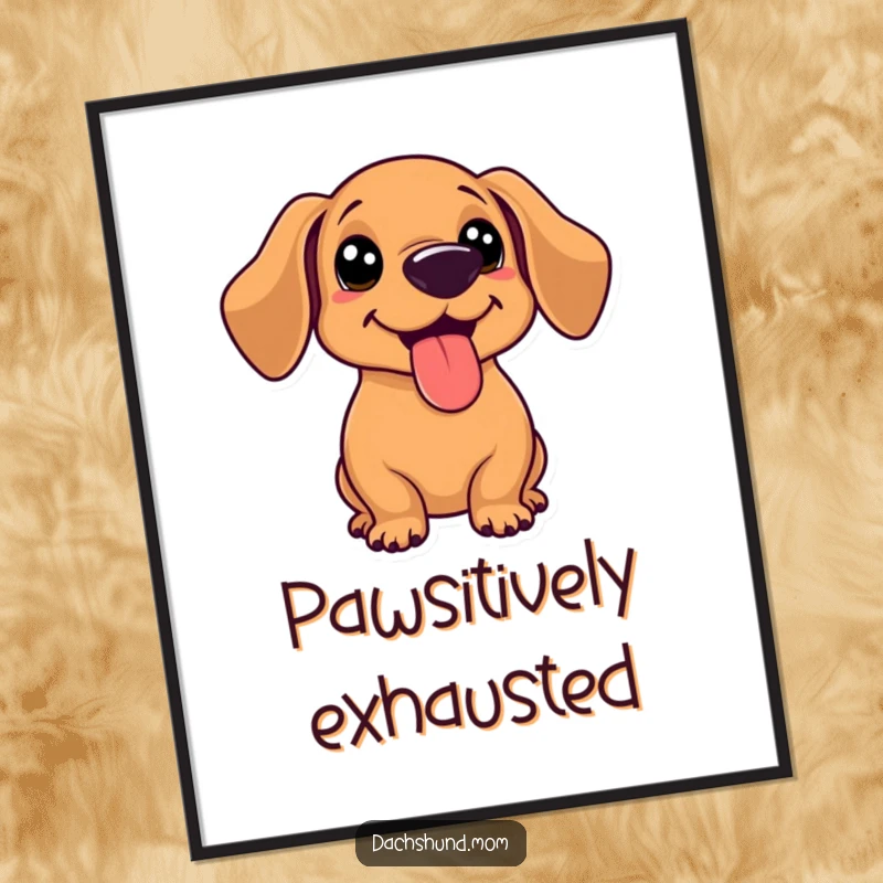 Funny kawaii dachshund with tongue out, panting happily after a game, as a vibrant wall art poster print.