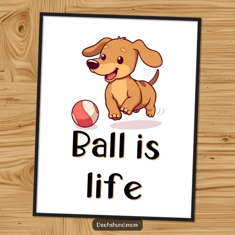 Funny Kawaii Dachshund Poster: Cute doxie wagging its tail vigorously while chasing a bouncing ball, fun wall art.