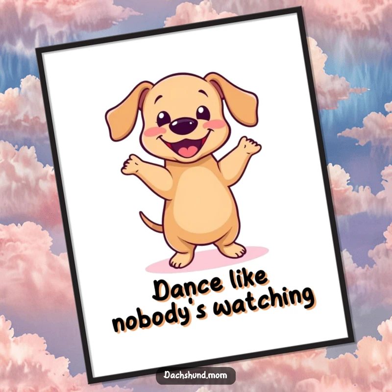 Funny Kawaii Dachshund Dance Poster: A cute dachshund does a happy little dance, spreading joy, wall art, gift.