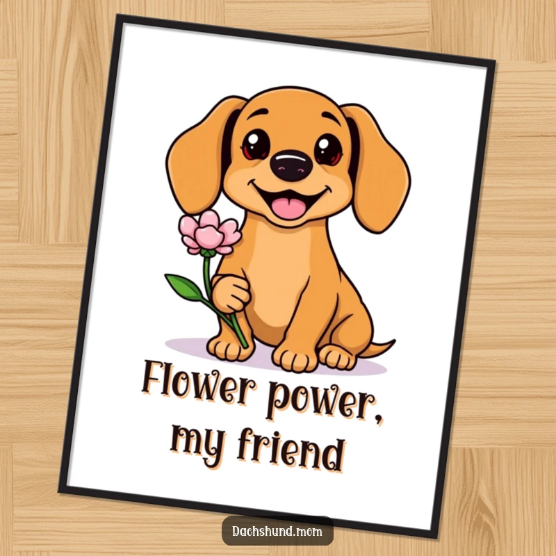 Funny Kawaii Dachshund Poster of a smiling dog offering a flower, adding a touch of cute charm to any wall. Artistic gift.