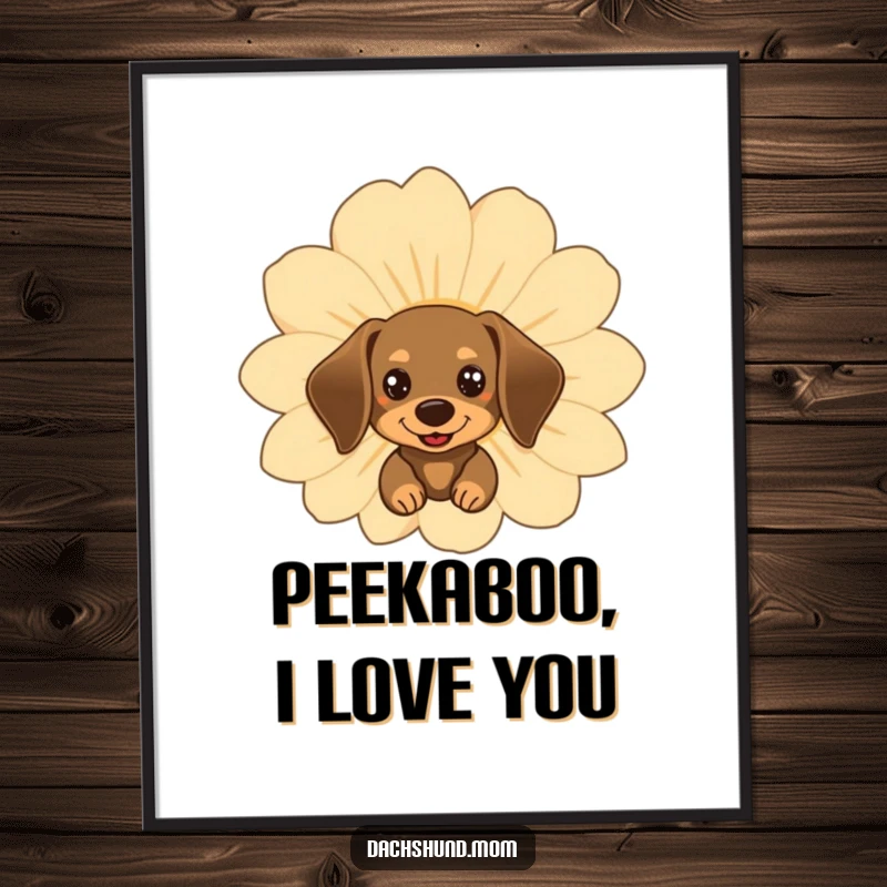 Funny kawaii dachshund peeking from behind a giant, smiling flower, presented as lovely wall art.