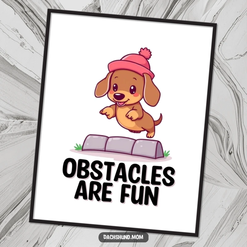Funny kawaii dachshund wearing a silly hat, jumping over an obstacle, high-quality poster art capturing playful dog humor.