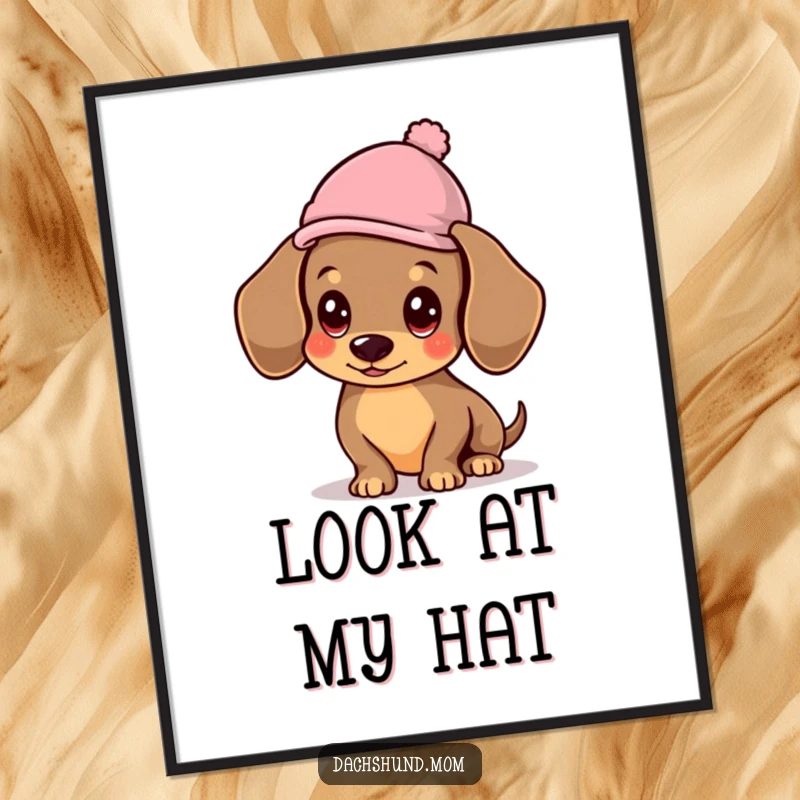 Funny Kawaii Dachshund Poster, a sophisticated dog balancing a hat, perfect humorous wall art.