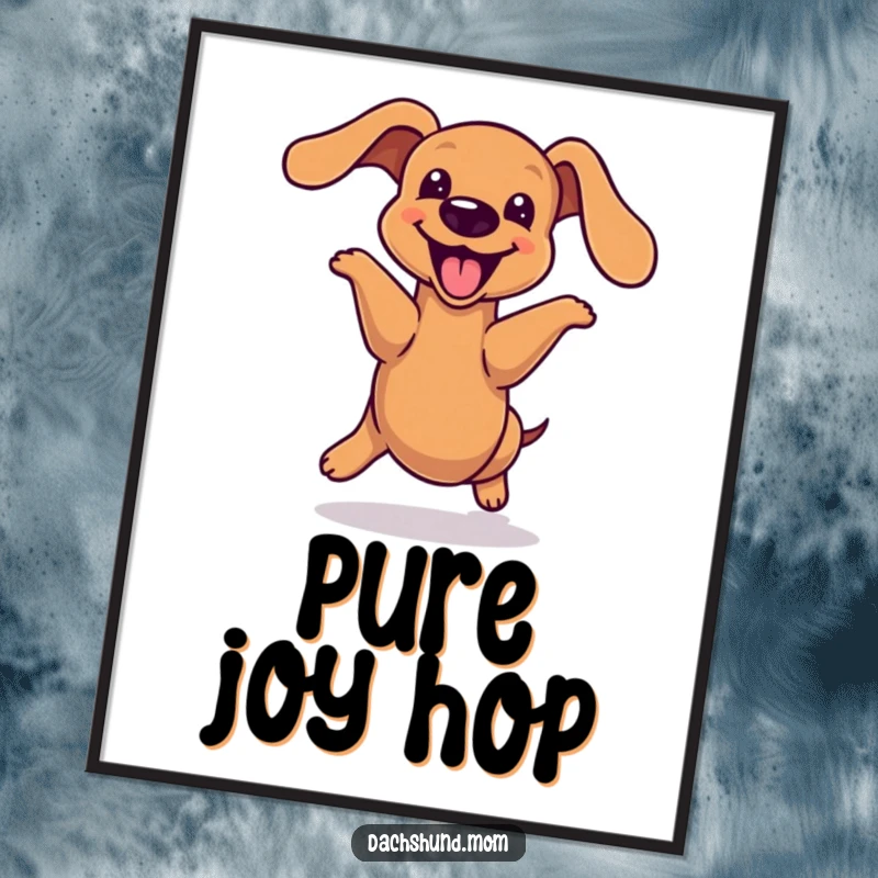 Funny kawaii dachshund poster, doing a joyful hop with its body extended, conveying pure happiness, perfect for adding energy and fun, a fantastic gift.