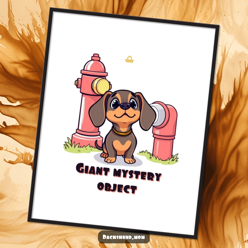 Funny Kawaii Dachshund Poster: A cute dog looks up with a bewildered expression at an enormous fire hydrant, pondering its purpose.