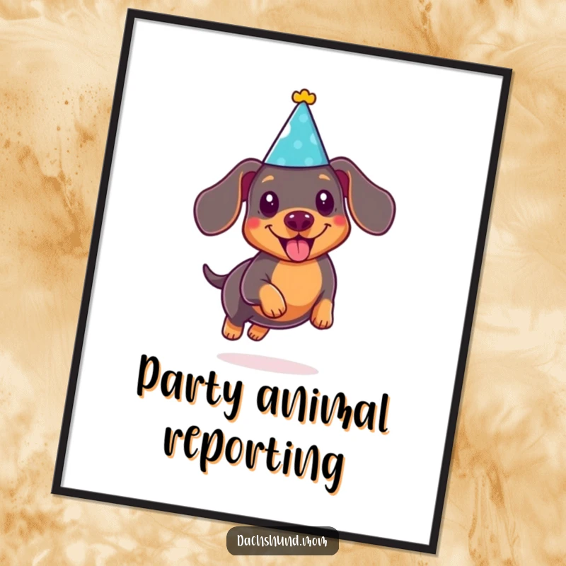 Funny Kawaii Dachshund Poster: Cute doxie wearing a tiny party hat, joyfully leaping, a fun and humorous wall art.