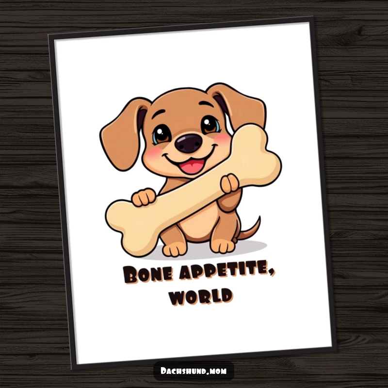 Funny Kawaii Dachshund Poster of a super cute dachshund proudly holding a giant smiling bone, illustrating pure funny happiness.