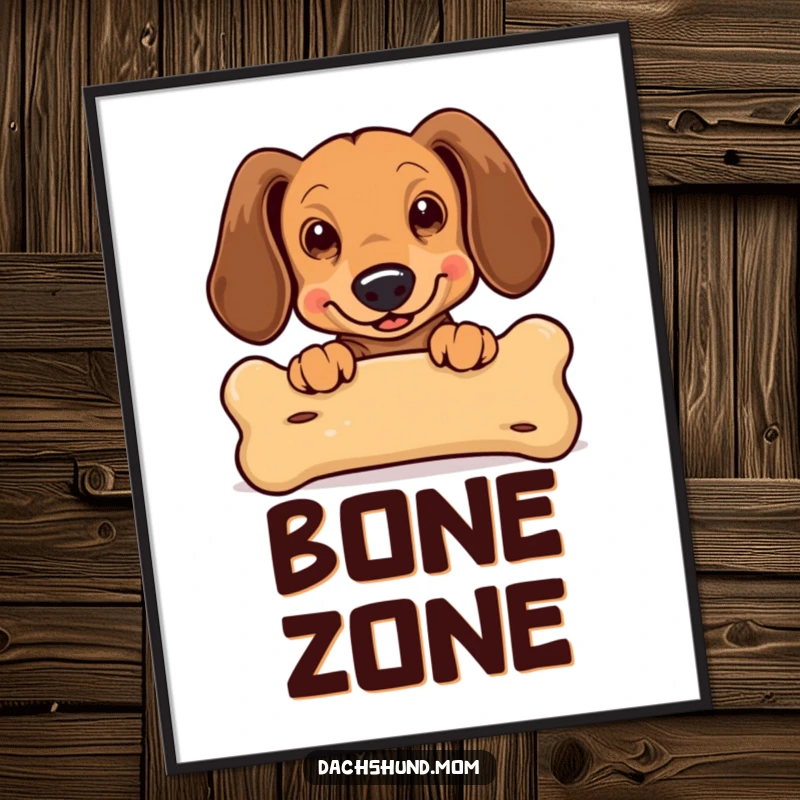 Funny Kawaii Dachshund Poster: a cute dachshund with flapping ears excitedly peeking over a large bone, great wall art.