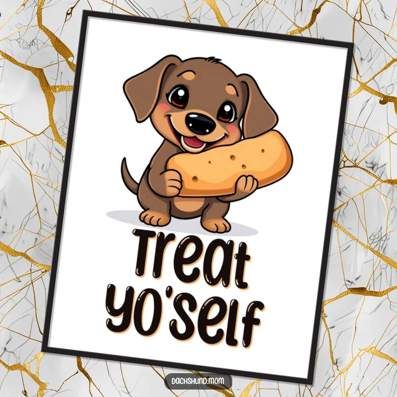 Funny Kawaii Dachshund Poster: a goofy dachshund with a big grin holds an oversized treat, creating a happy and humorous wall decoration.