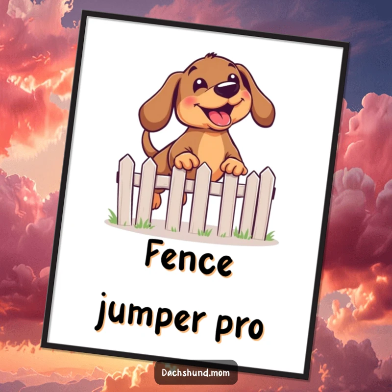 Funny Kawaii Dachshund Poster illustrating a joyful dog energetically leaping over a miniature fence with pure delight.