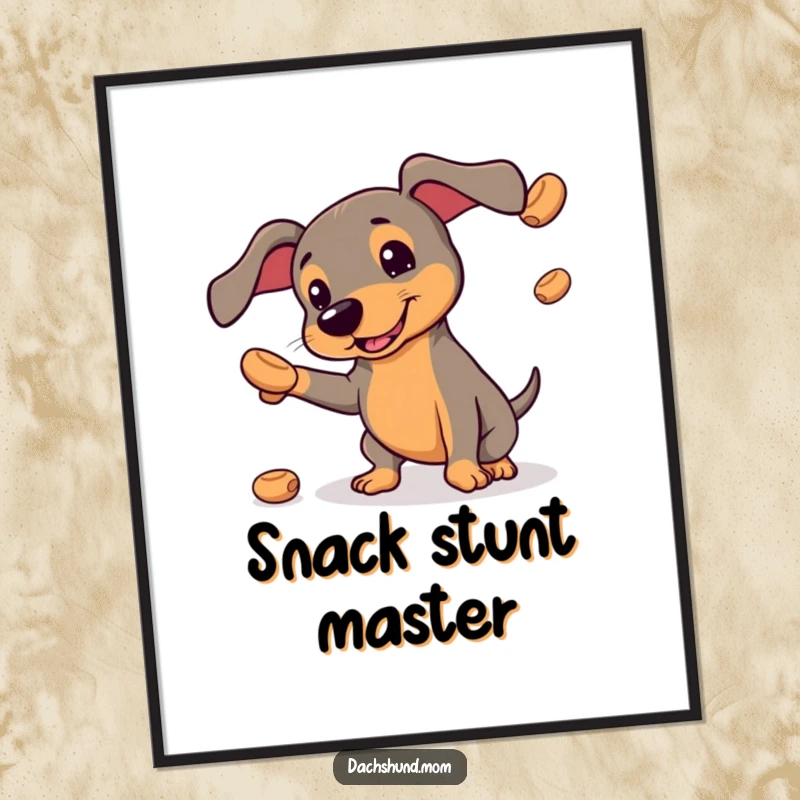 Funny poster art of a kawaii dachshund hilariously attempting to juggle small, round treats, whimsical and humorous wall decor.