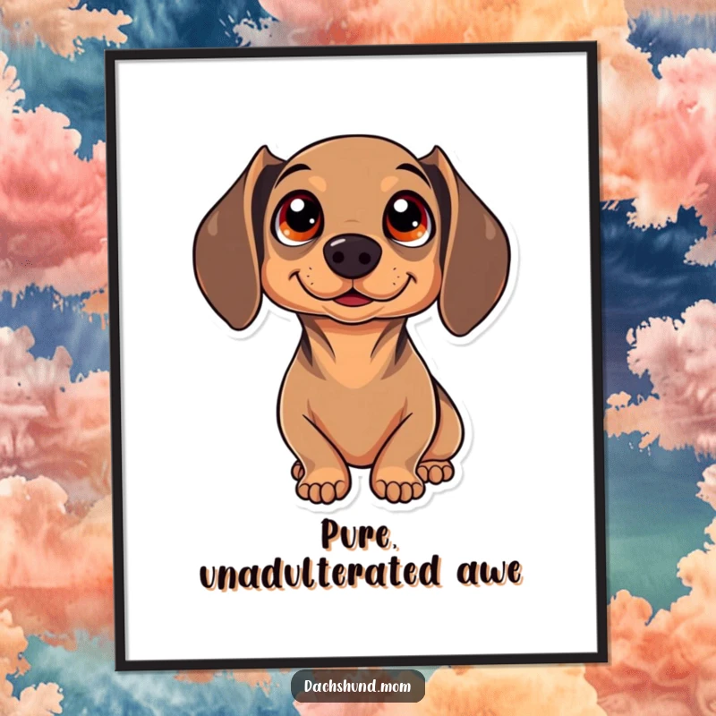 Funny Kawaii Dachshund Poster featuring a dog with large, sparkling eyes gazing upwards in a state of pure wonder.