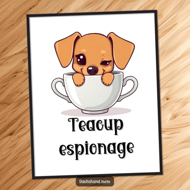 Funny poster print of a kawaii dachshund with a mischievous wink, hiding behind a large teacup, adding cute and funny vibes.