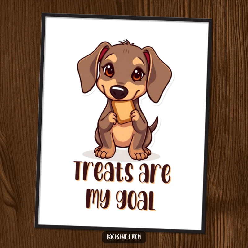 Funny Kawaii Dachshund Poster: A determined kawaii dachshund with wide eyes, stealthily reaching for a tempting treat, full of playful intent.
