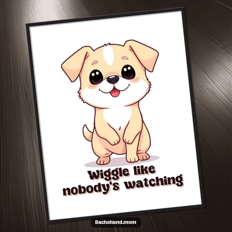 Funny poster of a tiny, long dog with big eyes wiggling its body with infectious enthusiasm and charm.