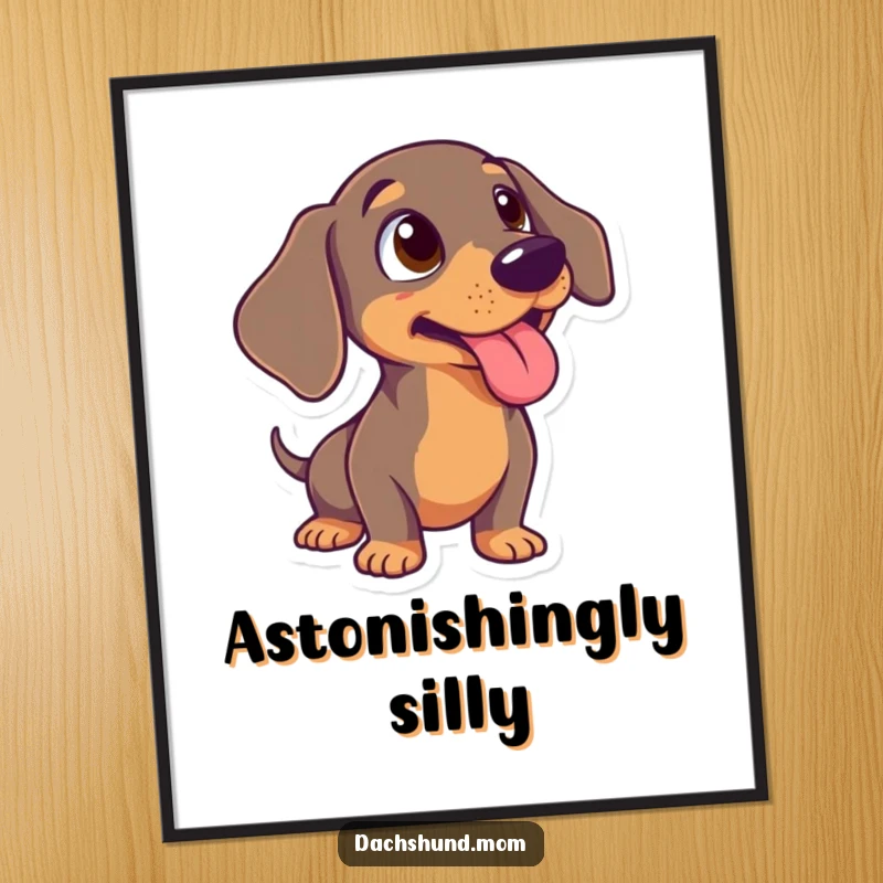 Funny Dachshund Poster: An amusing depiction of a wiener dog caught off guard, with its tongue sticking out in surprise.