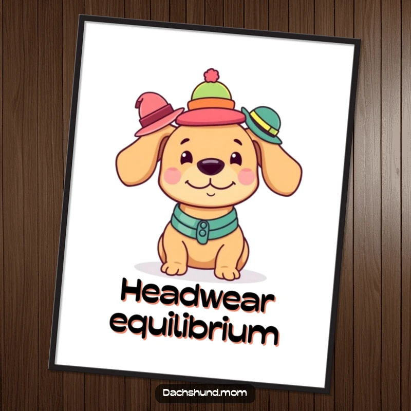 Funny Kawaii Dachshund Poster illustrating a sweet dog balancing an amusing assortment of tiny hats on its head.
