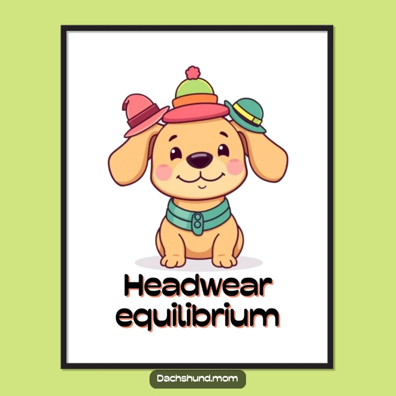 Funny Kawaii Dachshund Poster: Hat Balancing Act Art, Quirky Gift