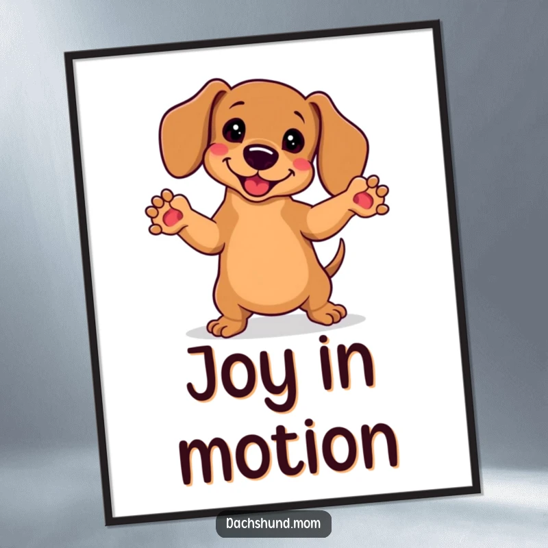 Funny Kawaii Dachshund Poster: A cute dachshund joyfully dancing, front paws high in the air, exuding happiness and playful spirit.