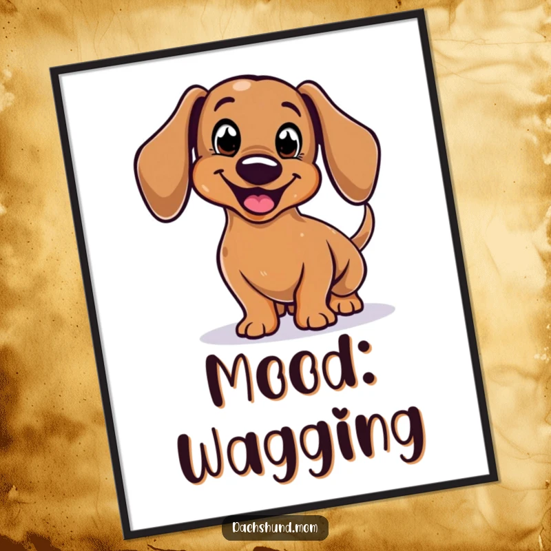 Funny Dachshund Poster featuring a stylized, smiling body enthusiastically wagging its tail, adding humor to walls.