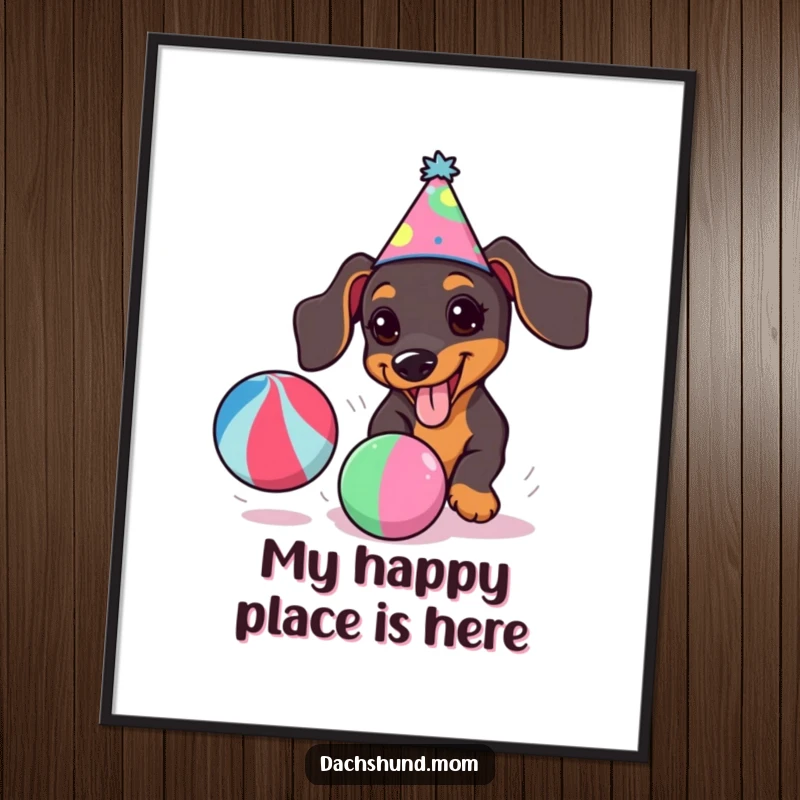 Funny kawaii dachshund in a party hat, joyfully chasing a colorful ball, a vibrant and humorous wall art.