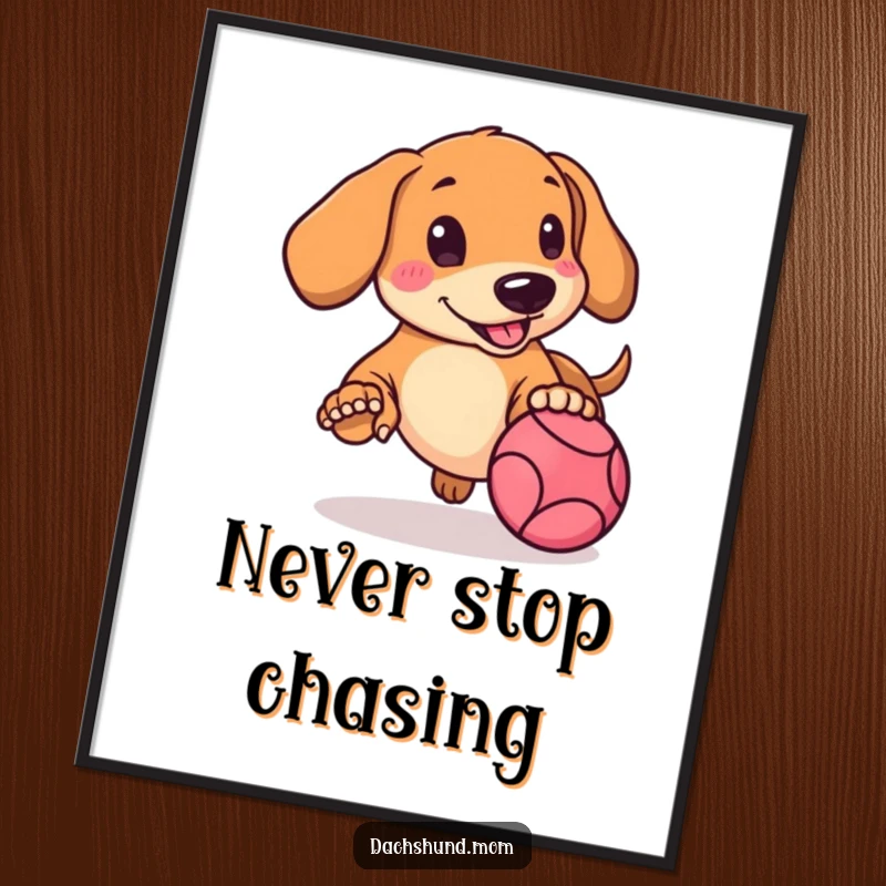 Funny Kawaii Dachshund Poster showcasing a rosy-cheeked puppy energetically pursuing a bouncing ball with pure excitement.