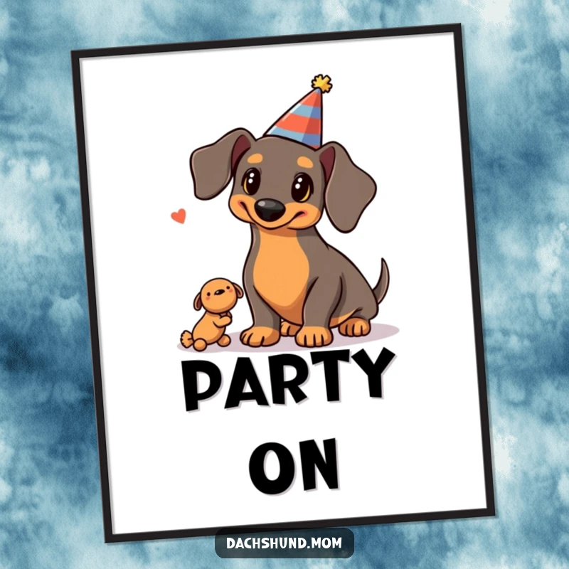 Funny Kawaii Dachshund Poster: a dachshund wearing a party hat juggles three squeaky toys, creating a fun and festive wall decoration.