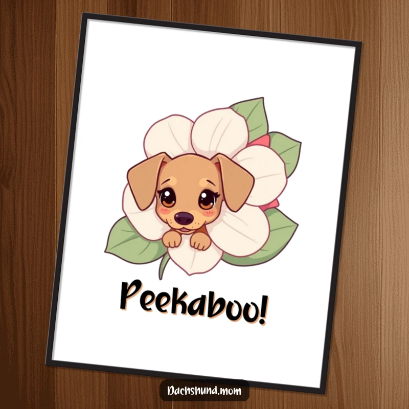 Funny Kawaii dachshund poster displaying a small dog with curious eyes peeking out from behind a large, colorful flower.