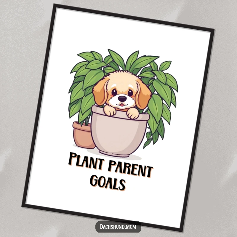 Funny Dachshund Plant Poster: Fluffy Dachshund pup peeking from a lush potted plant. Playful and humorous wall art.