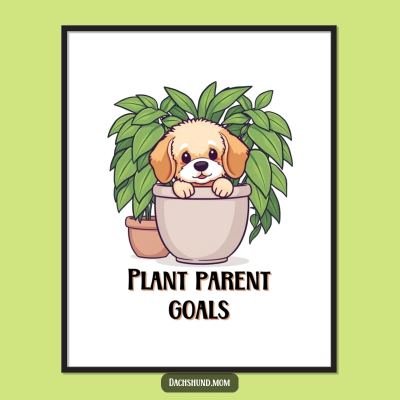 Funny Dachshund Plant Poster: Fluffy Pup Peek Art - Charming Funny Gift!