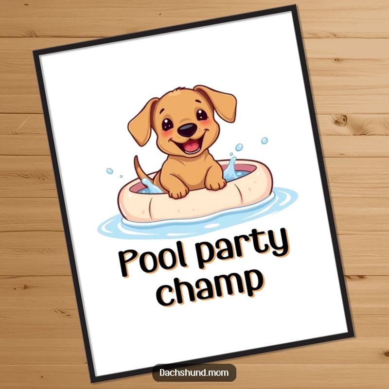 Funny Dachshund puppy poster art, a happy dog giggling and splashing in a blue kiddie pool.