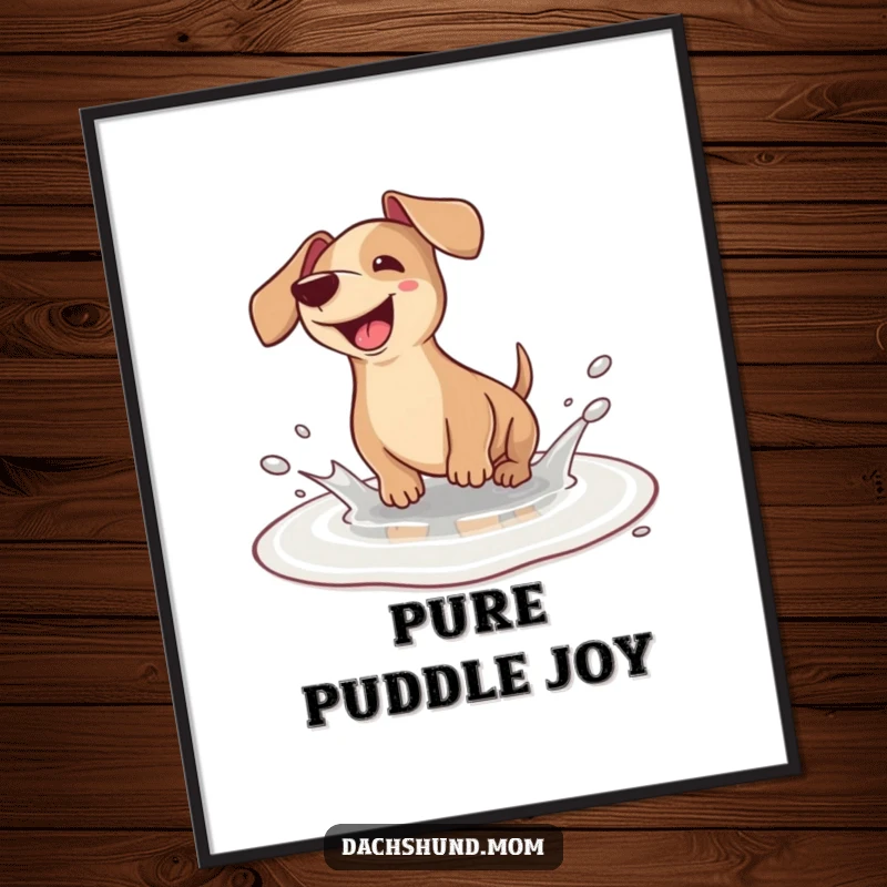 Funny Dachshund Poster: A whimsical kawaii dachshund joyfully splashing in a tiny puddle, capturing a moment of pure, carefree happiness.