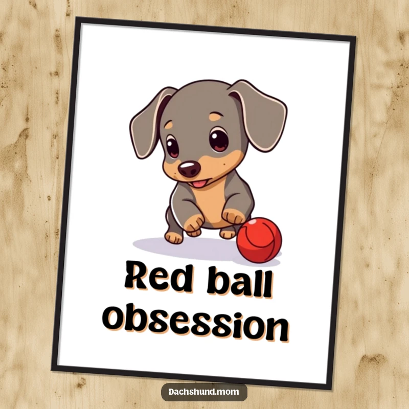 Funny Dachshund Cub Poster: A cute Dachshund puppy actively rolling a red ball. Playful and humorous wall art.