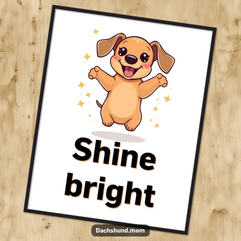 Funny Kawaii Dachshund Poster depicting a dog joyfully jumping, surrounded by magical sparkles, a vibrant wall art gift.
