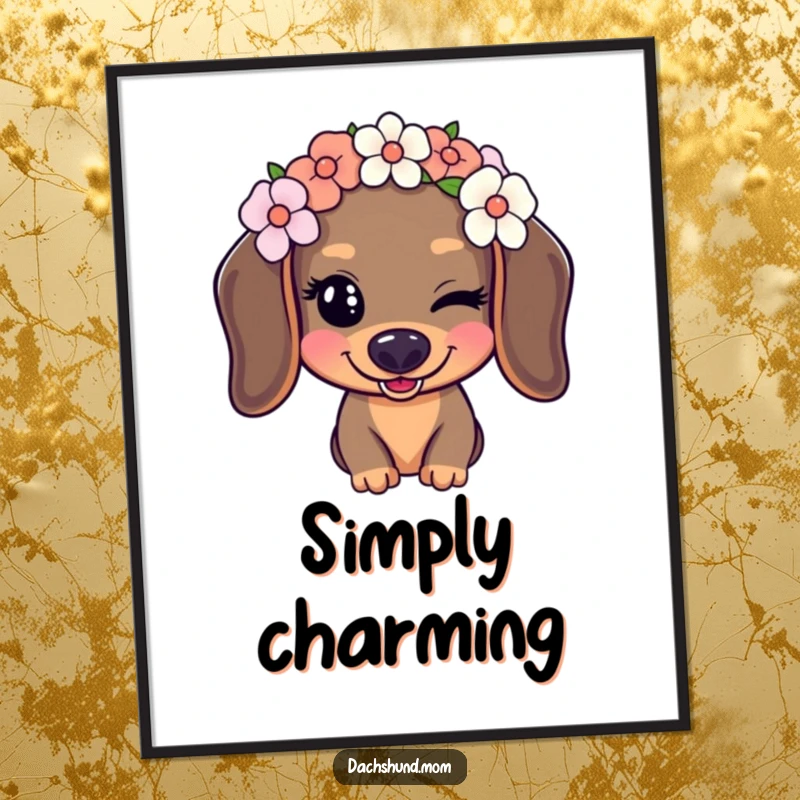Funny Kawaii Dachshund Poster featuring a dog with a flower crown giving a playful wink, a charming piece of art.