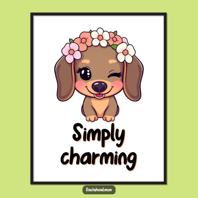 Funny Kawaii Dachshund Poster: Flower Crown Wink Wall Art