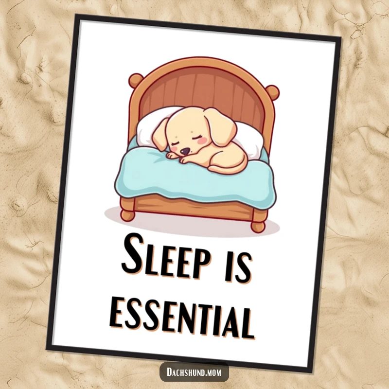Funny Kawaii Dachshund Poster: A sleepy dog is hilariously cramped in a tiny bed, creating a scene of pure, cozy charm.