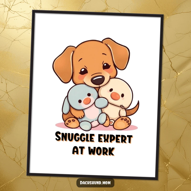 Funny Kawaii Dachshund Poster, a sweet illustration of a dog hugging a toy, promoting feelings of comfort and joy.