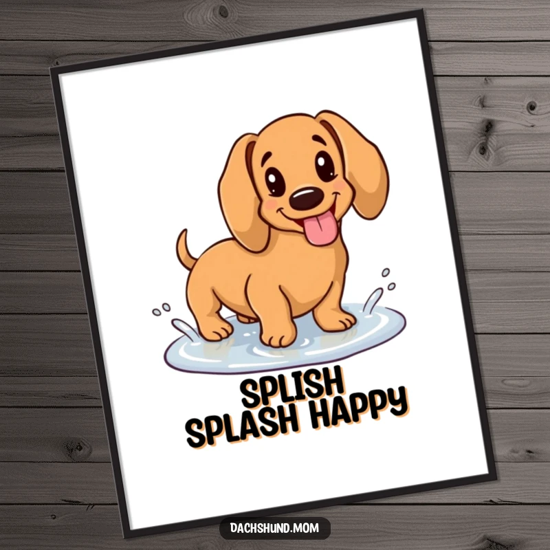 Funny poster print of a kawaii dachshund with its tongue sticking out, happily splashing in a tiny puddle, capturing pure delight.