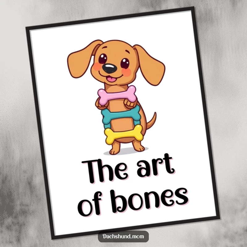 Funny kawaii dachshund poster, skillfully balancing a small stack of colorful bones, showcasing talent and humor, perfect for adding charm and fun, a fantastic gift.