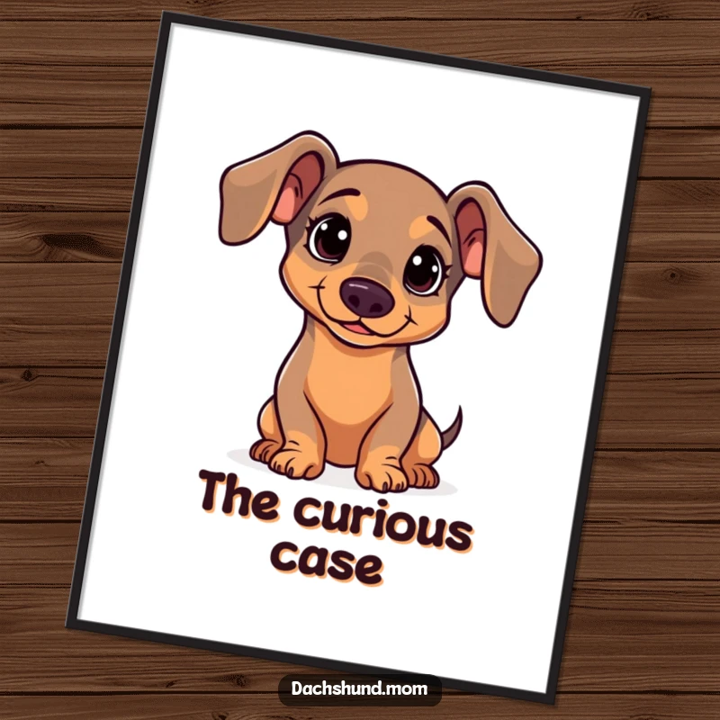 Funny Dachshund Poster: A whimsical kawaii dachshund tilting its head, conveying a sense of gentle curiosity and sweet inquiry.