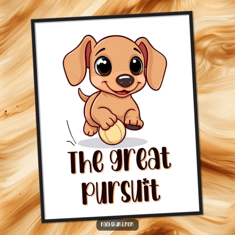 Funny kawaii dachshund poster, with oversized eyes, comically chasing a small ball, perfect for adding humor and charm to any room, a great gift.