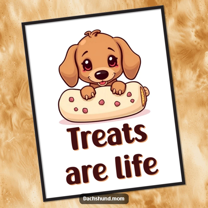 Funny Dachshund Poster: A whimsical kawaii dachshund peeking from behind an oversized treat, eyes wide with longing and humor.