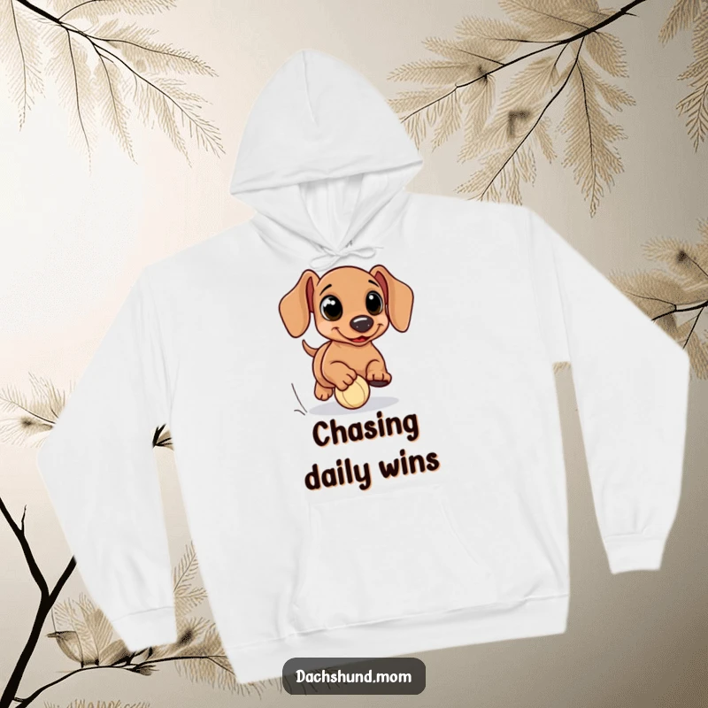 Funny kawaii dachshund hoodie, with huge eyes, intensely chasing a small ball, perfect for cozying up with a humorous design, a great gift.
