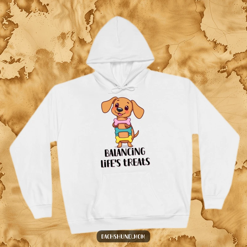 Funny kawaii dachshund hoodie, skillfully balancing a small stack of colorful bones, conveying impressive talent and humor, comfortable and humorous, perfect for cozying up, a great gift.