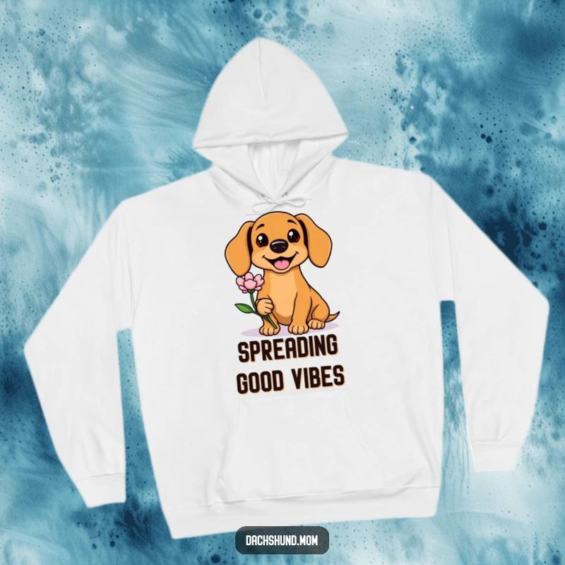 Funny Kawaii Dachshund Hoodie with a cute dog offering a flower, radiating warmth and friendliness. A perfect cozy present.