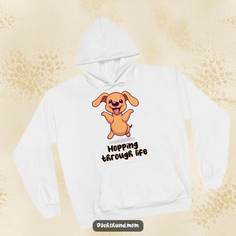Funny kawaii dachshund hoodie, doing a joyful hop with its long body, conveying pure excitement, comfortable and humorous, perfect for cozying up, a great gift.